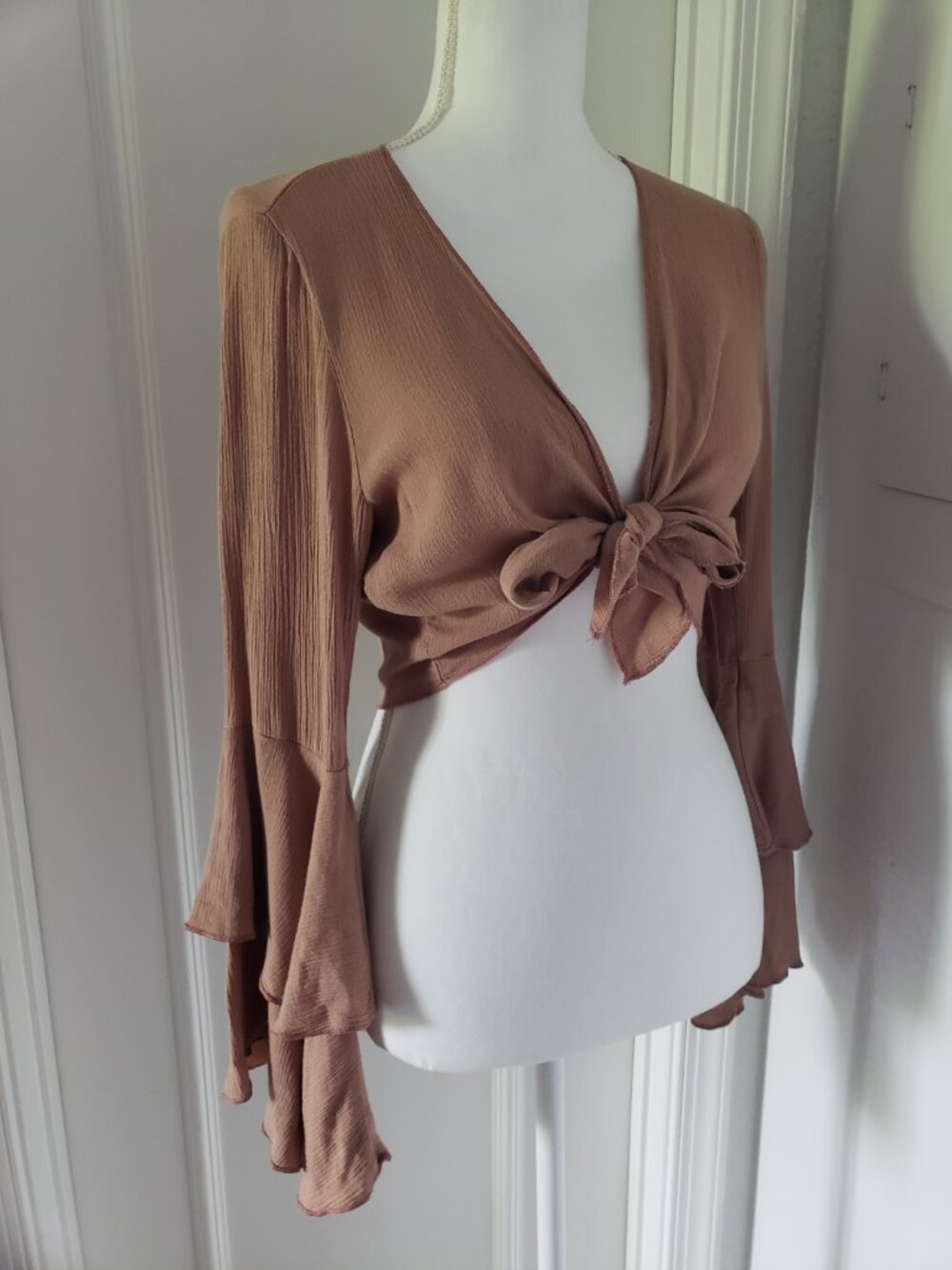 Fall Tie-Front Ruffle Sleeve Crop Top